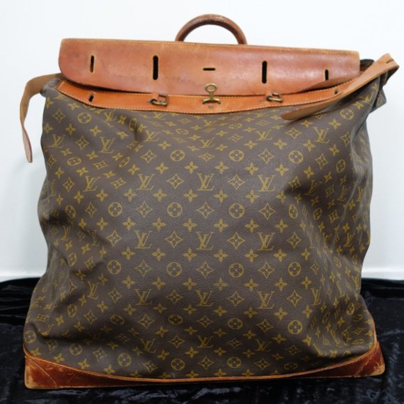 Vtg 70's Louis Vuitton Monogram Steamer Bag Saddle Leather & Brass, Sz 23" x 27"